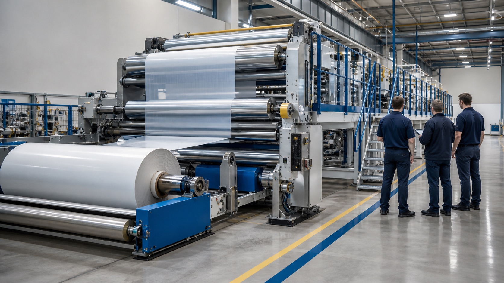 Illustrative adhesive-material coating and laminating line